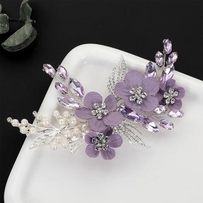 Wedding Hair Clips, Crystal Hair Pins Pearl Rhinestone Hair Barrettes, Bridal Flower Hair Pieces Pearl Headpieces Hair Accessories for Women Girls (Purple) - color: Purple