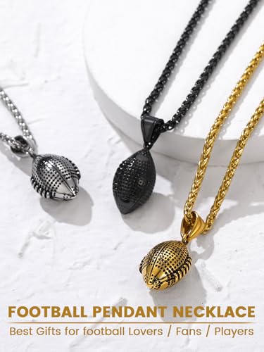GOLDCHIC JEWELRY Sport Necklaces for Men Teen, Football Baseball Soccer Basketball Softball Necklaces with Stainless Steel Chain Athlete Jewelry Sports Fan Gift - color: American Football Pendant-Black, style: NO Engraving