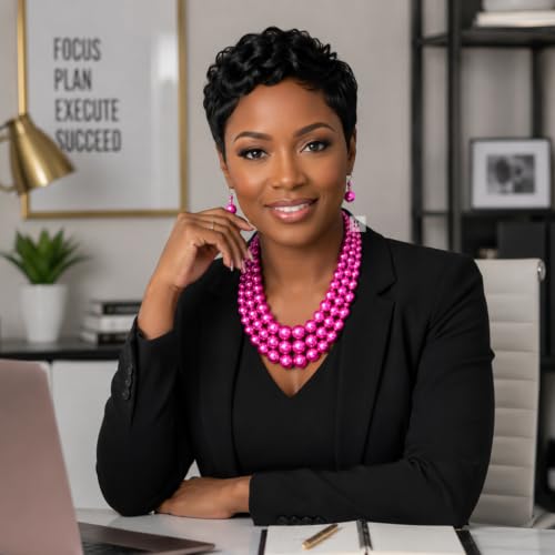 Simulated Pearl Necklace & Earring Set, Multi Strand - color: Hot Pink