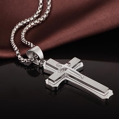 Men's Cross Necklace 316L Stainless Steel Large Heavy Cross Pendant for Men Polished Jewelry Rolo Chain with 22'' 24'' 26'' - color: A-white, size: 24 inch