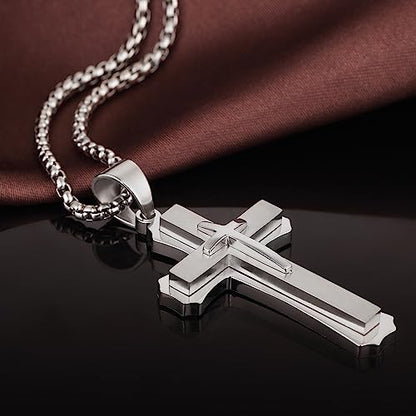 Men's Cross Necklace 316L Stainless Steel Large Heavy Cross Pendant for Men Polished Jewelry Rolo Chain with 22'' 24'' 26'' - color: A-white, size: 24 inch