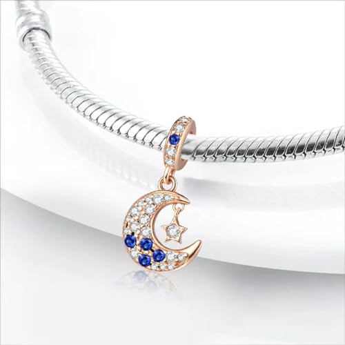 Charm for Bracelets and Necklaces, Heart Animals 925 Sterling Silver Bead Celestial Sun Moon Star Charms Jewelry Gift for Women Girls - color: Rose Gold Moon Star Dangle Charm