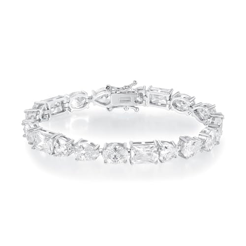 MDFUN 14K White Gold Plated Tennis Bracelet with Heart Oval Teardrop Rectangle Cut Cubic Zirconias for Women Men, 6.5-7.5 inches