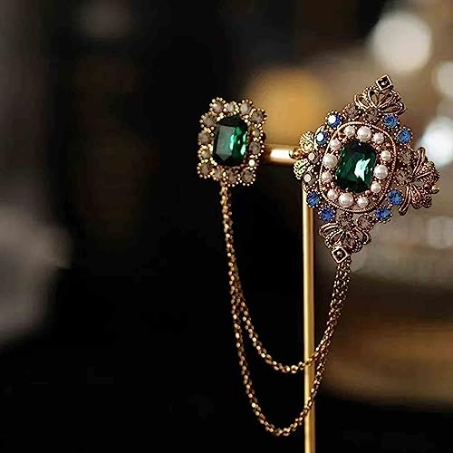 Retro 14k Gold Plated Chain Green Crystal Brooches Collar Pins Crystal Rhinestone With Hanging Chain Suit Shirt Lapel Brooch Pin Fashion Jewelry for Men Boy (Green Rectangle)