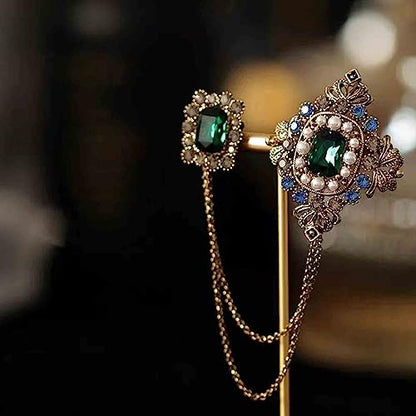 Retro 14k Gold Plated Chain Green Crystal Brooches Collar Pins Crystal Rhinestone With Hanging Chain Suit Shirt Lapel Brooch Pin Fashion Jewelry for Men Boy (Green Rectangle)