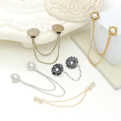 Vintage Sweater Shawl Chain Clips Antique Cardigan Collar Shirt Dress Brooch Clips with Chain Rose Bowknot Flower Leaf Pearl Cloak Lapel Pin Accessories For Women Men 6Pcs