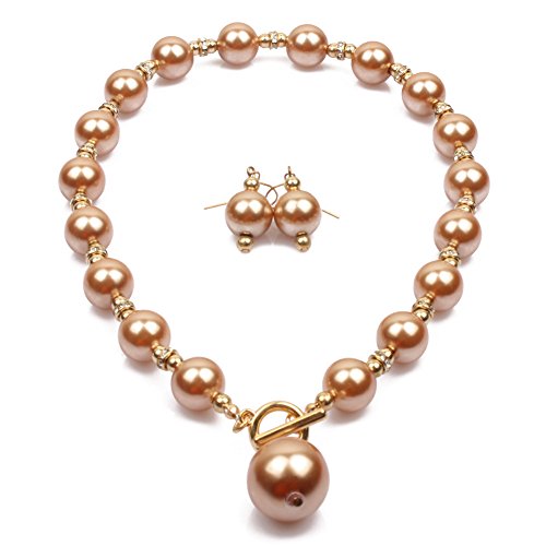 COLORFUL BLING Chunky Multicolor Simulated Pearl Choker Necklace Drop Dangle Earrings Bracelet Set Crystal Bib Big Large Round Beaded Strand for Women Brides Costume Statement 1920s Wedding Jewelry - color: Champagne