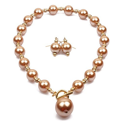 COLORFUL BLING Chunky Multicolor Simulated Pearl Choker Necklace Drop Dangle Earrings Bracelet Set Crystal Bib Big Large Round Beaded Strand for Women Brides Costume Statement 1920s Wedding Jewelry - color: Champagne