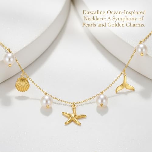 Gold-plating Necklaces for Women, Pearl Seashell Flower Pendant Necklace, Boho Lariat Long Necklace Set, Trendy Summer Beach Jewelry - color: Gold 2