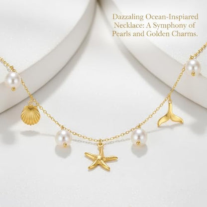 Gold-plating Necklaces for Women, Pearl Seashell Flower Pendant Necklace, Boho Lariat Long Necklace Set, Trendy Summer Beach Jewelry - color: Gold 2
