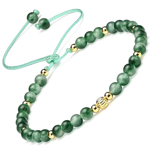 Natural Stone&925 Sterling Silver/18K Gold Anklet,│4MM│9-12 in│, Hand Woven, Adjustable Size - color: Aquatic Green Agates