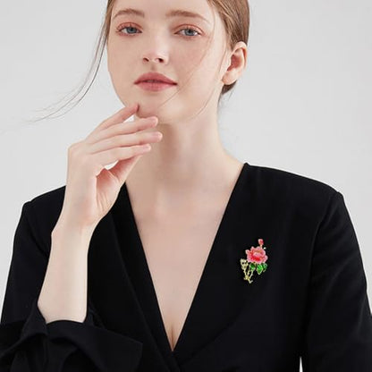 Peony Flower Brooch Pins for Women Gold-Tone Elegant Crystal Green Pink Enamel Floral Lapel Pins for Clothes Hat Dress Accessories Wedding Party Prom Fashion Jewelry