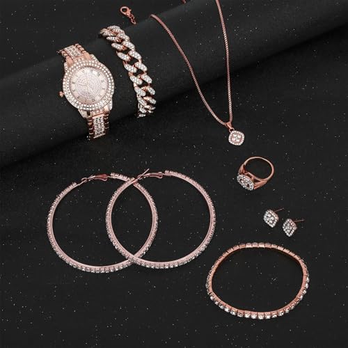 NEWITIN 13 Pieces Silver Jewelry Set for Women Stainless Steel Cuban Link Necklaces Bracelets Earrings Watch Ring Bling Cubic Zirconia Cuban Jewelry Set for Women Men - color: Rose Gold Jewelry Set