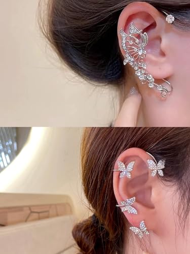 2Pcs Butterfly Ear Cuffs Rhinestone Clip On Earrings | Rhinestone butterfly ear cuffs with non piercing clip on design; silver ear wrap climber jewelry for parties and weddings - style: 2Pair Silver