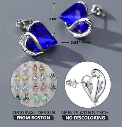 Infinity Love Heart Stud Earrings for Women, Birthstone and Healing Stone, Gifts for Mom, Wife, and Her, Silver Plated - color: 09b-September-Healing Stone for Wisdom-Cobalt Blue
