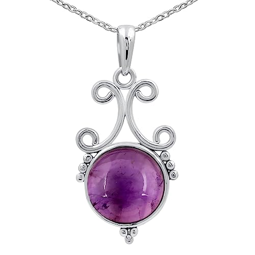 Natural Round Gemstone Pendant Necklace for Women, 925 Sterling Silver | Solitaire Birthstone Jewelry With 18 Inch Chain, Handmade Semi Precious Stone Pendant, Jewelry Gift for Mom, Wife & Sister - color: Amethyst