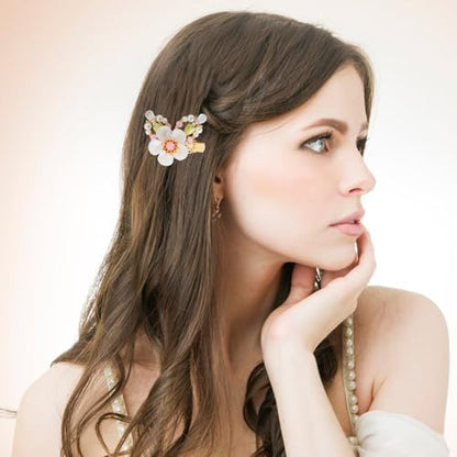 A Pair Wedding Hair Clips, Handmade Floral Design Crystal Hair Clips Pearl Barrettes, Rhinestones Flower Clips Pearl Headpieces Hair Pins Hair Accessories for Women Girls (White&Green) - color: White&Green