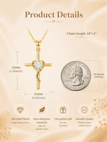 14K Gold Cross Necklace for Women Dainty Birthstone Pendant | Heart I Love You Romantic Jewelry Anniversary Christian Religious Baptism Birthday Gifts with 18"+2" Adjustable Chain - color: 14K Gold-04-Api Birthstone