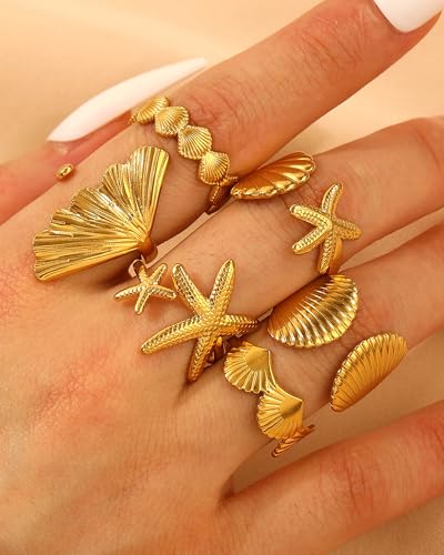 Chunky Gold Shell Starfish Ring Set for Women Trendy Gold Flower Scallop Seashell Starfish Gemstone Rings Adjustable Stacking Statement R-ings Non Tarnish Spring Summer Jewelry Accessories - color: A6:6 pcs