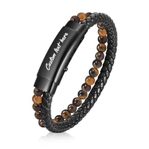 VNOX Men's Inspirational Mantra Engarved Handmade Braided Leather Adjustable Cuff Bangle Bracelet Encouragement Motivational Gift for Men - style: Black-Tiger eye