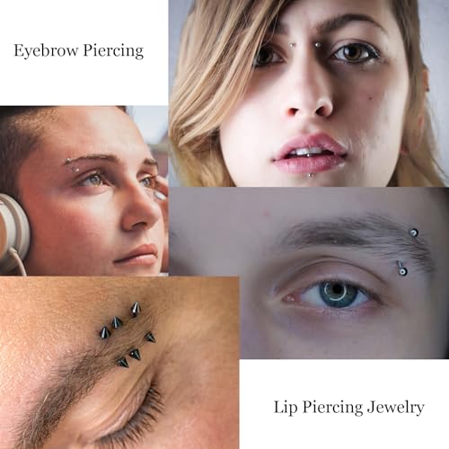 16PCS Eyebrow Piercing Jewelry, 16PCS Replacement Balls and Spike, Curved Barbell Piercing Jewelry, Vertical Labret Lip Jewelry, Rook Piercing for Women Men