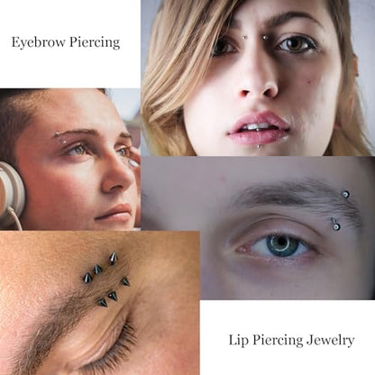 16PCS Eyebrow Piercing Jewelry, 16PCS Replacement Balls and Spike, Curved Barbell Piercing Jewelry, Vertical Labret Lip Jewelry, Rook Piercing for Women Men