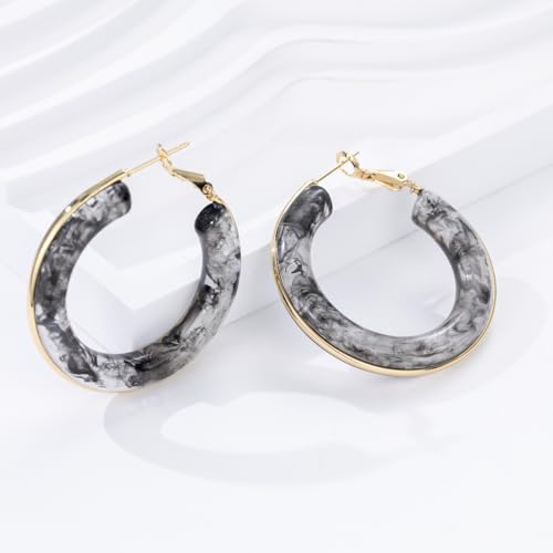 Chunky Gold Resin Hoop Earrings Leverback Statement Huggie Hoops Dangle Drop Dressy Earring Prom Festival Vacation Jewelry for Women - color: Black, size: Hoop