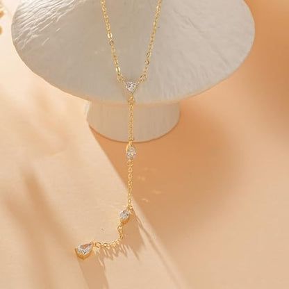 Lariat Necklace for Women, Dainty 14K Gold/Silver Plated Long Necklaces for Women Trendy Simple Layered Y-Shaped Pendant Necklace Adjustable Fashion Jewelry Gift - color: Gold, style: Four CZ Pendant