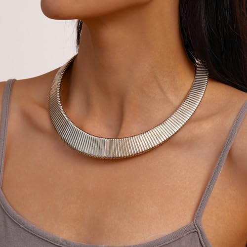 Chunky Gold Collar Choker Statement Necklace for Women Trendy | Gold Plated Layered Twist Flat Thick Snake Herringbone Chain African Torque Necklace Prom Boho Necklaces Party Jewelry Gift - style: Flat Herringbone Chain/Silver
