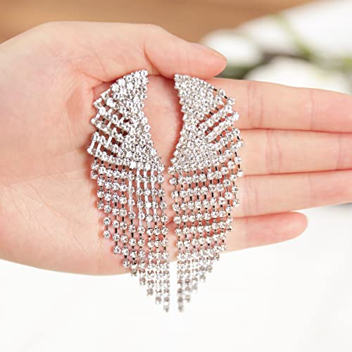 Silver Rhinestone Crystal Bridal Chandelier Long Tassels Dangle Earrings for Wedding - color: silver-4