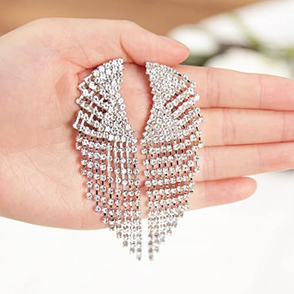 Silver Rhinestone Crystal Bridal Chandelier Long Tassels Dangle Earrings for Wedding - color: silver-4