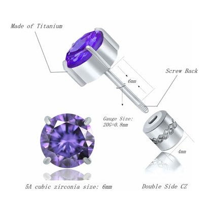 Titanium Flat Back Surgical Stainless Steel Stud Earrings for Women Men,Birthstone Stud Earrings Hypoallergenic Double Side 5A Cubic Zirconia Studs Jewelry 6mm - color: Silvery-Purple Cz