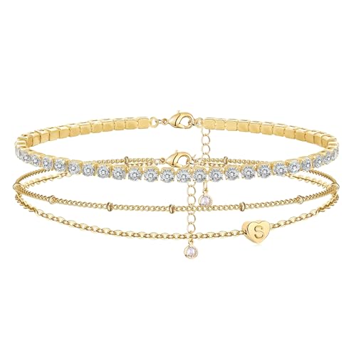 YANODA Gold Initial Bracelets for Women, 14K Gold Plated Bracelet Sets Trendy Gold Bracelet Stack Dainty Heart Letter Initial Bracelets Adjustable Tennis Bracelets Personalized Jewelry for Women - color: GOLD S