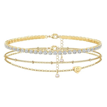 YANODA Gold Initial Bracelets for Women, 14K Gold Plated Bracelet Sets Trendy Gold Bracelet Stack Dainty Heart Letter Initial Bracelets Adjustable Tennis Bracelets Personalized Jewelry for Women - color: GOLD S