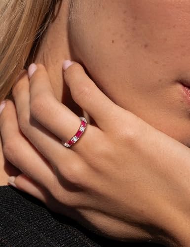 3.5mm Half Eternity Band Sterling Silver Rings for Women Sapphire/Ruby/Emerald and Cz Wedding Bands 7 Stone Stackable Birthstone Ring Anniversary Jewelry Size 6-10 - color: 07-Ruby-Jul.