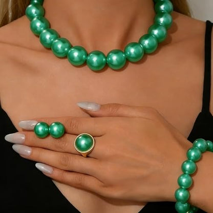 xuzhiyuan Statement Pearl Jewelry Set for Women - Includes Necklace, Bracelet, Earrings, and Ring | Colorful Faux Pearl Fashion Jewelry Set for Party, Wedding, Daily Wear - color: Green