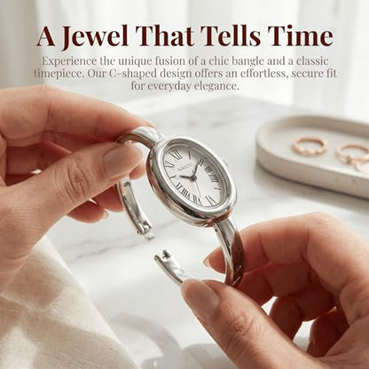 Women's Oval Bangle Watch, Elegant Open-Cuff Bracelet Wrist Watch with Roman Numeral Dial, Minimalist Luxury Fashion Quartz Watch for Ladies - color: Silver/White