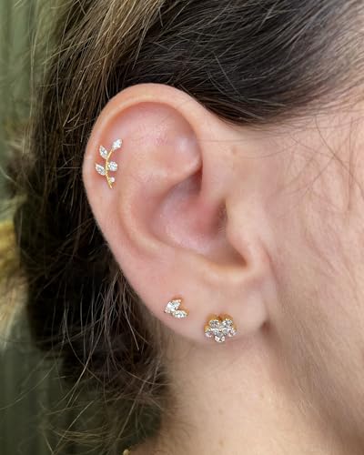 16G Titanium Flat Back Earrings for Women Conch/Helix/Foward Helix/Tragus/Hypoallergenic Piercing Jewelry Internal Thread Cartilage Stud Gold Silver CZ Branch Earrings - color: Gold-For Wearer Right Ear
