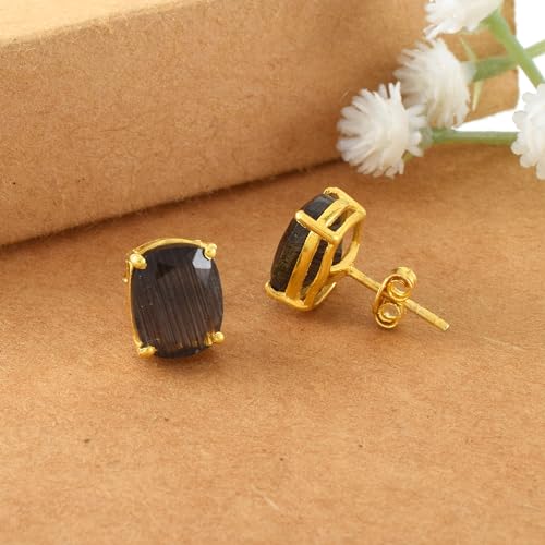 Women's 18K Gold Plated 8x10mm Princess Cut Gemstone Stud Earrings – Birthstone Jewelry for Her – Classic Cushion Studs - color: Black Elisha