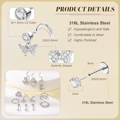 REVOLIA 12Pcs 20G Nose Ring Set 316L Stainless Steel Nose Rings Hoop for Women CZ L Shaped Studs Dangle Heart Butterfly Screw Nose Studs Cute Threadless Flat Back Nose Piercings Jewelry - color: Silver