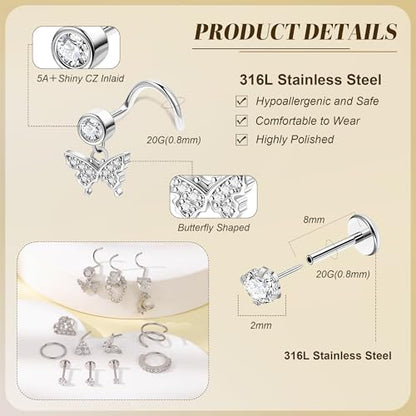 REVOLIA 12Pcs 20G Nose Ring Set 316L Stainless Steel Nose Rings Hoop for Women CZ L Shaped Studs Dangle Heart Butterfly Screw Nose Studs Cute Threadless Flat Back Nose Piercings Jewelry - color: Silver