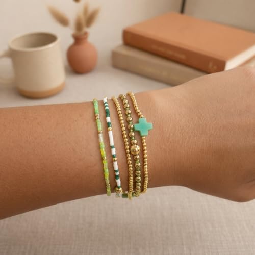 Gold Bracelets for Women, Beaded Cross Stack, Non Tarnish Set，Set-1 | Gold Beaded Bracelet Stack with Stretch Fit, Waterproof Finish and Dainty Design for Everyday Wear and Gifts - color: Colors-1