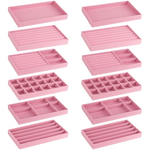 12Pcs Velvet Stackable Jewelry Trays, Jewelry Drawer Organizer, Large Removable Display Jewelry Tray, Necklace Bracelet Storage Box for Earring, Ring, Brooch, Watch (Pink) - color: 12 Pack-Pink