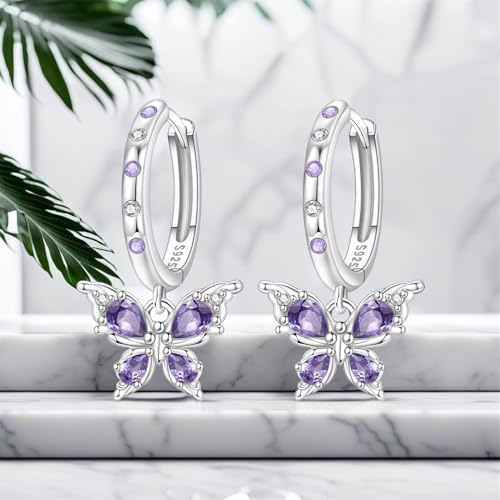 925 Sterling Silver Hoop Earrings Drop Dangle Earrings for Women Hypoallergenic Earring Trendy Huggie Earring Cute Graduation Birthday Gifts Jewelry for Women - color: Butterfly earrings purple gemstones