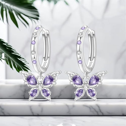 925 Sterling Silver Hoop Earrings Drop Dangle Earrings for Women Hypoallergenic Earring Trendy Huggie Earring Cute Graduation Birthday Gifts Jewelry for Women - color: Butterfly earrings purple gemstones