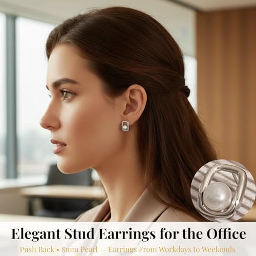 Pearl Geometric Stud Earrings for Women - 14k Gold Plated Pearl Square Studs 316 Stainless Steel Hypoallergenic Minimalist Rectangle Ear Jewelry Birthday Gifts for Her