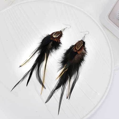 Bohemian Pheasant Peacock Long Feathers Statement Earrings Handmade Natural Lightweight Feather Dangle Earrings for Women (ea000071) - color: Black