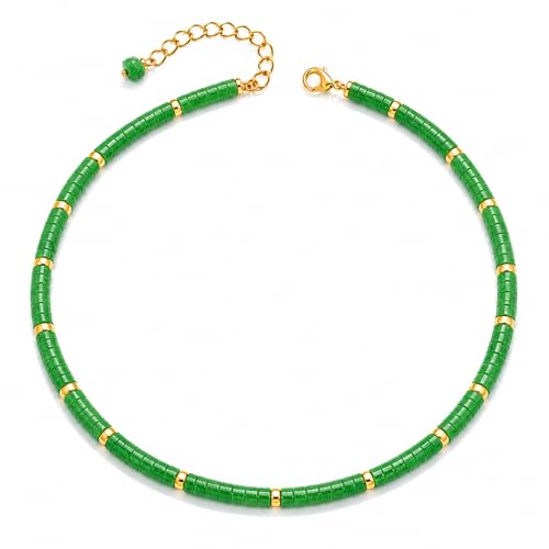 Natural Heishi Gemstone Choker Necklace for Women, Adjustable 15"+2" Beaded Layering Necklace, Coastal Beach Jewelry Gift for Her - color: Green Aventurine