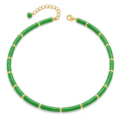 Natural Heishi Gemstone Choker Necklace for Women, Adjustable 15"+2" Beaded Layering Necklace, Coastal Beach Jewelry Gift for Her - color: Green Aventurine