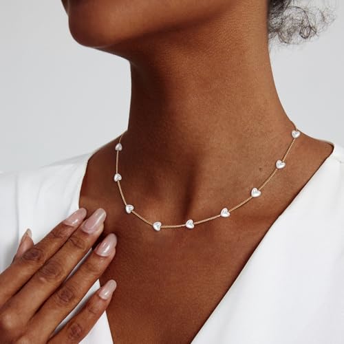 Zeffy Dainty Gold Heart Necklace for Women Trendy 14K Gold/Silver Plate Cute Heart Pendant Choker Necklaces Gold Love Heart Chain Necklace for Women Dainty Gold Jewelry Gifts for Women - style: Pearl Puffy Heart Choker-Gold